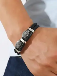 MEENAZ Men Leather Silver-Plated Multistrand Bracelet