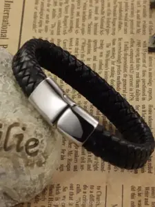 MEENAZ Men Leather Silver-Plated Kada Bracelet