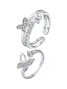 KARISHMA KREATIONS Set Of 2 Silver-Plated Cubic Zirconia-Studded Adjustable Finger Rings