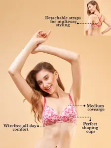 Enamor Floral Printed Medium Coverage Lightly Padded Nylon T-shirt Bra- Anti Microbial