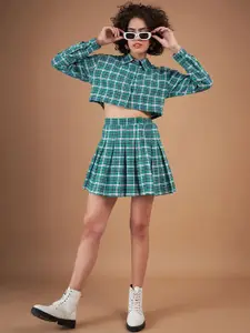 SASSAFRAS Green Checked Crop Pure Cotton Shirt With Mini Skirt