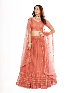 SHOPGARB Embroidered Sequinned Net Semi-Stitched Lehenga & Unstitched Blouse With Dupatta