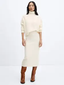 MANGO Women Ribbed Knit Midi Pencil Skirt