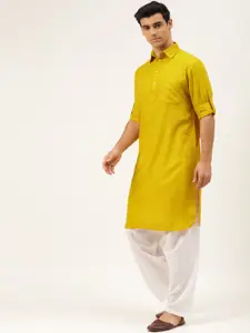 ATRAENTA Cotton Curved Shirt Collar Roll-Up Sleeves Pathani Kurta