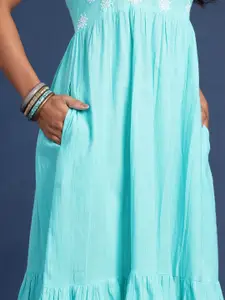 Taavi Chikankari Embroidered Pure Cotton A-Line Midi Ethnic Dresses