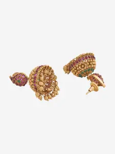 Kushal's Fashion Jewellery Gold-Plated Stone-Studded Dome Shaped Antique Jhumkas