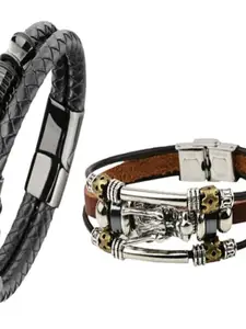 UNIVERSITY TRENDZ Men Set Of 2 Silver-Plated Leather Wraparound Bracelets