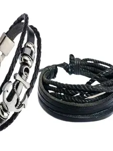 UNIVERSITY TRENDZ Men Set Of 2 Silver-Plated Leather Wraparound Bracelets