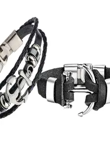 UNIVERSITY TRENDZ Men Set Of 2 Silver-Plated Leather Wraparound Bracelets