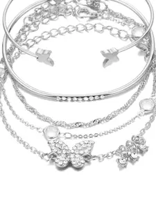 Peora Set of 5 Cubic Zirconia Studded Silver-Plated Cuff & Wraparound Bracelets