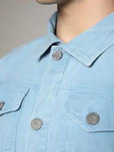 Campus Sutra Blue Washed Spread Collar Cotton Denim Jacket