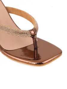 DressBerry Copper-Toned Embellished Open Toe Block Heels