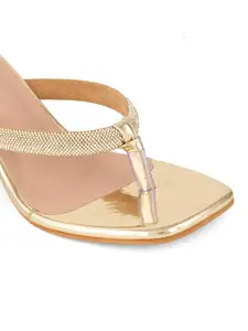 DressBerry Gold-Toned Embellished Open Toe Block Heels