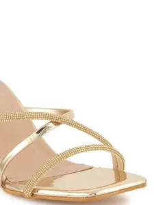 DressBerry Gold-Toned Embellished Open Toe Block Heels