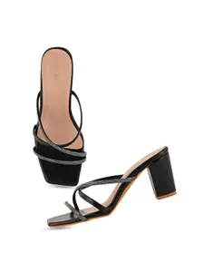DressBerry Black Embellished Open Toe Block Heels