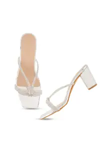 DressBerry Silver-Toned Embellished Open Toe Block Heels