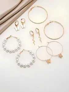 KARISHMA KREATIONS Set Of 5 Gold-Plated Stone Studded & Beaded Classic Hoop Earrings