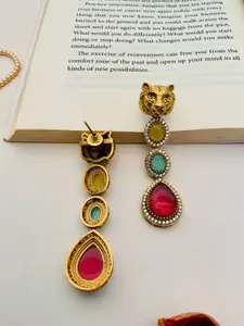 ABDESIGNS Gold-Plated Stone-Studded & Beaded Animal Shaped Drop Earrings