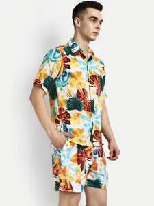 GRECIILOOKS Abstract Printed Collar Neck Shirt & Mid-Rise Shorts