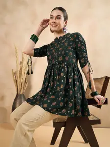 Anouk Green Floral Printed Mandarin Collar A-Line Short Kurti