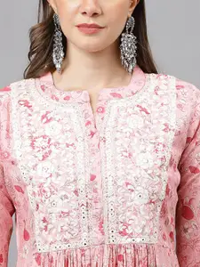 RATAN Women Floral Printed Flared Sleeves Thread Work Pastels Kurta