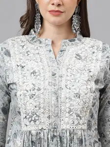 RATAN Floral Printed Mandarin Collar Thread Work Straight Kurta