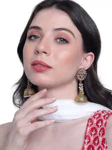 AARSHVI Gold-Plated Kundan-Studded & Pearl Beaded Dome Shaped Jhumkas