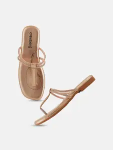 DressBerry Rose Gold Toned Embellished T-Strap Flats