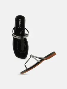 DressBerry Black Embellished T-Strap Flats