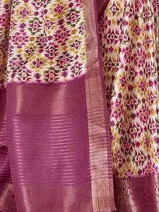 Satrani Cream-Coloured Ethnic Motif Printed Zari Sungudi Saree