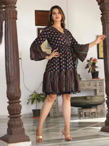 DARVIKAA COLLECTION Ethnic Motifs Printed Gathered Detailed Fit & Flare Dress With Belt