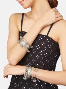 ATIBELLE Set Of 14 Silver-Plated Floral Ghunghroo Stone Studded Bangle