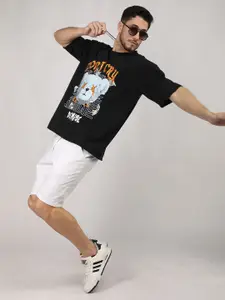 CHKOKKO Typography Printed Cotton Short Sleeves Applique Oversized Casual T-shirt