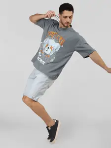 CHKOKKO Graphic Printed Cotton Round Neck Short Sleeves Raw Edge Oversized Casual T-shirt