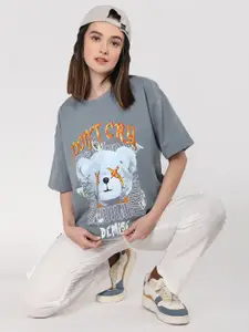 CHKOKKO Typography Printed Round Neck Drop-Shoulder Sleeves Oversized T-shirt