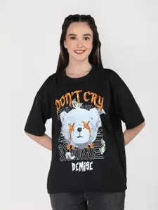 CHKOKKO Typography Printed Round Neck Drop-Shoulder Sleeves Oversized T-shirt