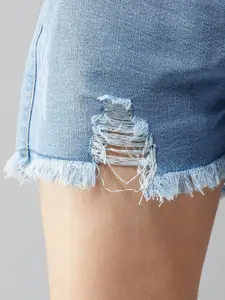 DOLCE CRUDO Women Relaxed Fit Highly Distressed Mid Rise Ripped Denim Shorts