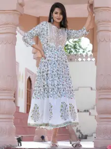 DARVIKAA COLLECTION Floral Printed Embroidered Detailed A-Line Midi Ethnic Dress