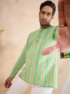 Anouk Green Ethnic Motifs Printed Pure Cotton Band Collar Straight Short Kurta