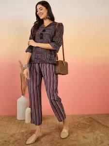 Sangria Abstract Printed Silk High Low Top With Trousers