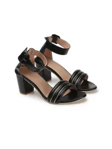 DressBerry Black Striped Buckle Detailed Block Heels