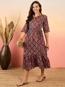 Sangria Ethnic Motif Kantha Boota Printed Flounce Cotton A-Line Ethnic Dresses