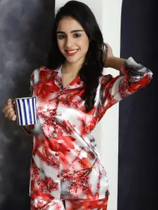 Claura Grey Floral Printed Satin Night suit