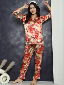 Claura Red Floral Printed Satin Night suit