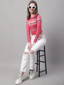 NoBarr Geometric Printed Round Neck Long Sleeves Acrylic Pullover Sweater