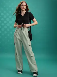 Tokyo Talkies Black Ribbed Tie-Ups Ruched Crop Top