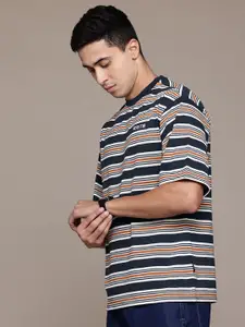 The Roadster Lifestyle Co. Men Relaxed Fit Striped Drop-Shoulder Sleeves T-shirt