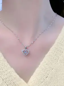 Fashion Frill Silver-Plated CZ-Studded Heart-Shaped Pendants With Chain