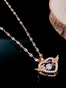 Fashion Frill Rose Gold-Plated Stone-Studded Stainless Steel Feather Heart Pendant Chain