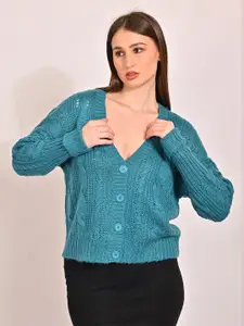 NoBarr Open Knit V-Neck Long Sleeves Acrylic Crop Cardigan Sweater